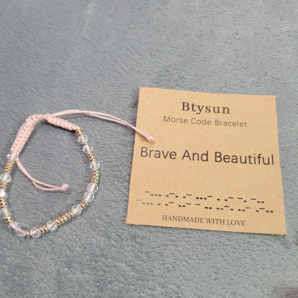 Btysun Morse Code Bracelet Set Women OS Pink Gold Brave And Beautiful Beaded 2pc